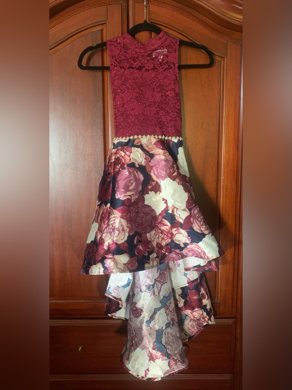 Girls Speechless Burgundy Floral Lace High-Low Dress